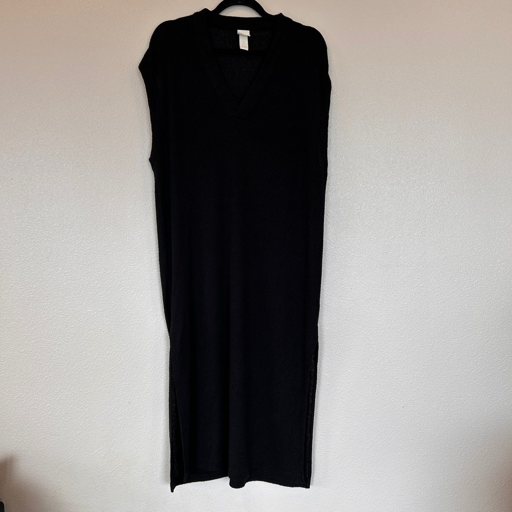 H&M Black Ribbed Knit V-Neck Sleeveless Midi Dress with Side Slits Womens Size M